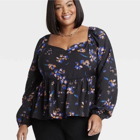 Ava & Viv Women's Top Size 1X Black Peplum Floral Print Long Sleeve Plus - Picture 1 of 9